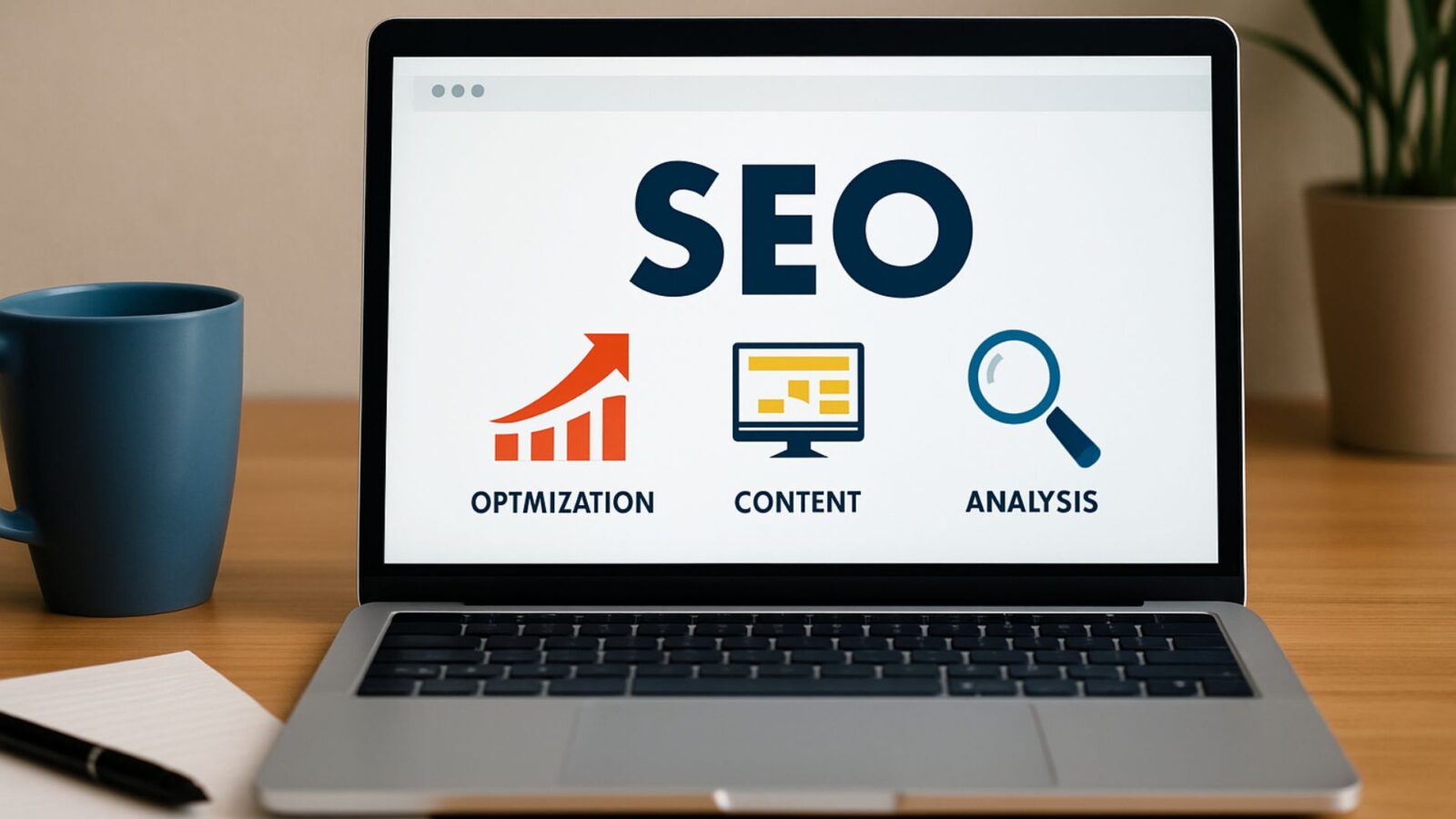 computadoe aberto com a sigla SEO e ícones de lupa e métricas.