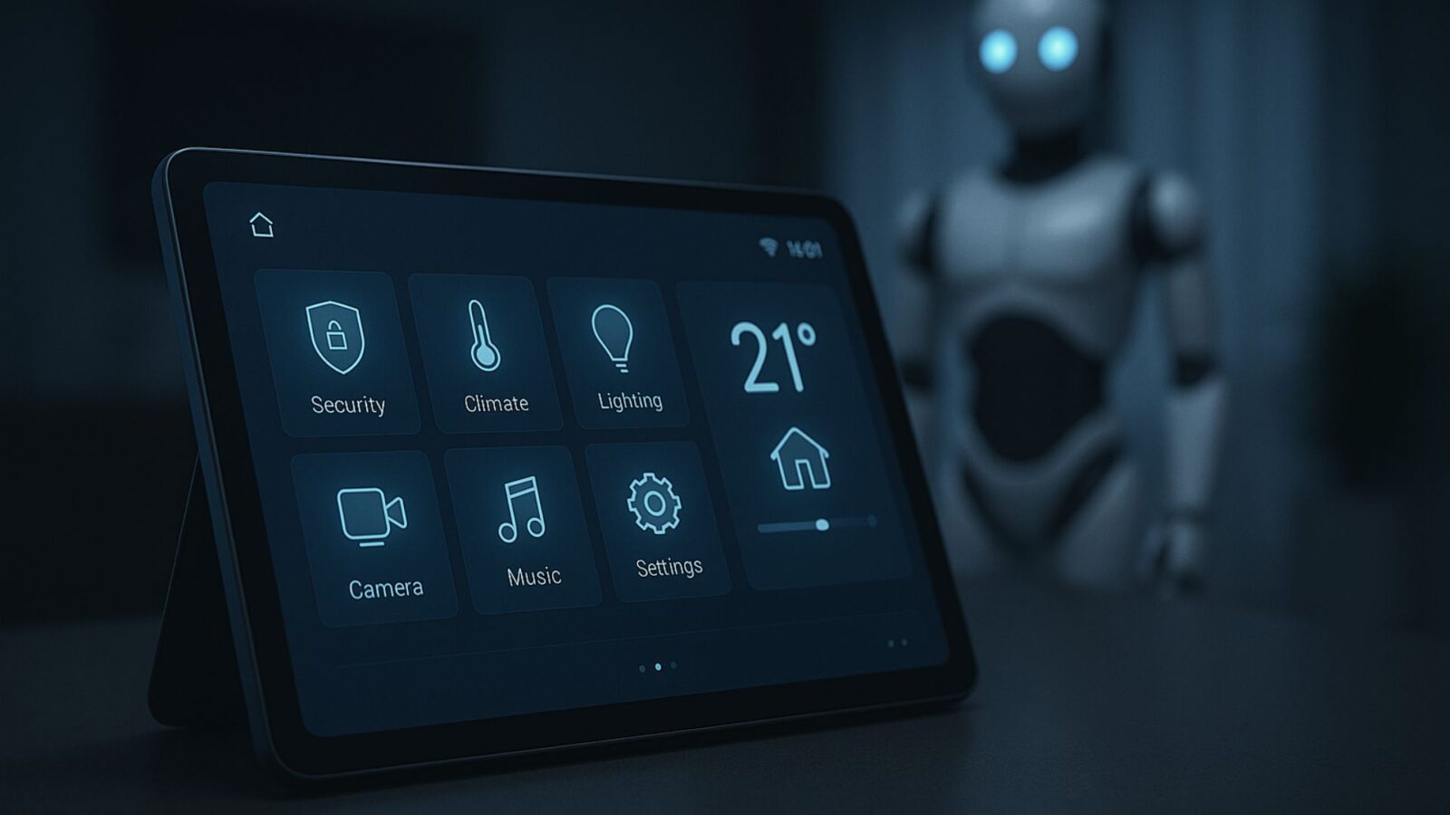 Interface de tablet inteligente com ícones de rede, com robô ao fundo simbolizando a próxima geração do Wi-Fi 8.