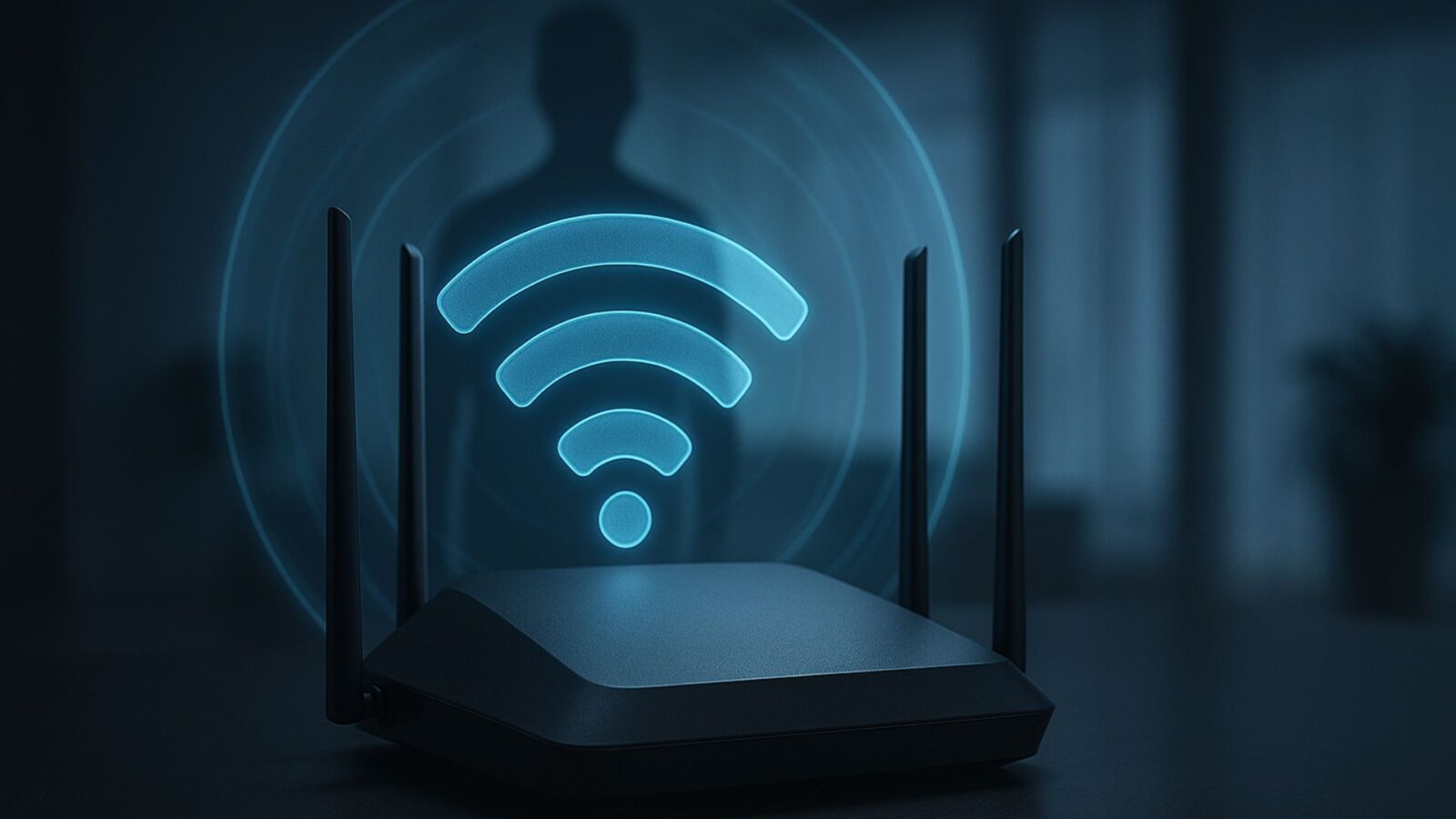 Roteador emitindo sinal Wi-Fi detectando presença humana.