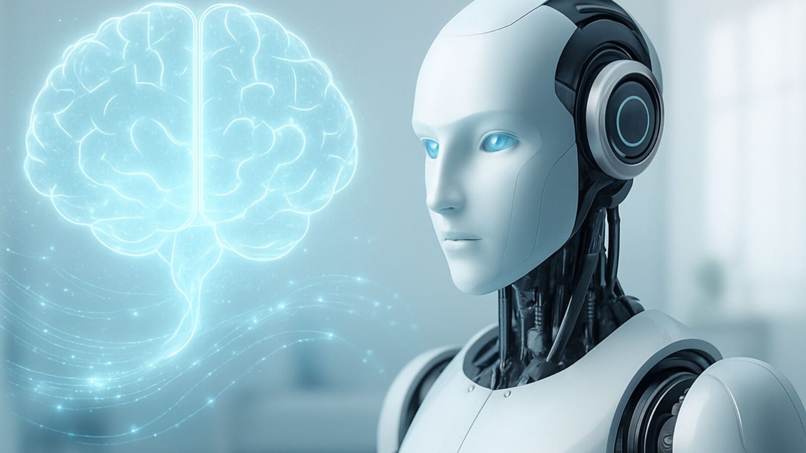 Um robô representando uma IA com um cérebro em holograma representando uma IA que se reprograma.