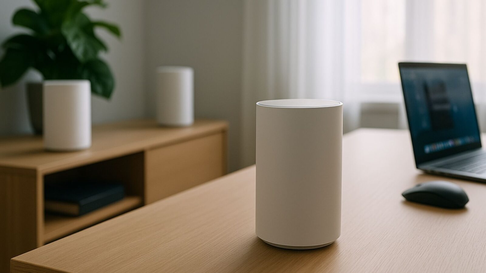 Roteador mesh em cima da mesa ao lado do notebook