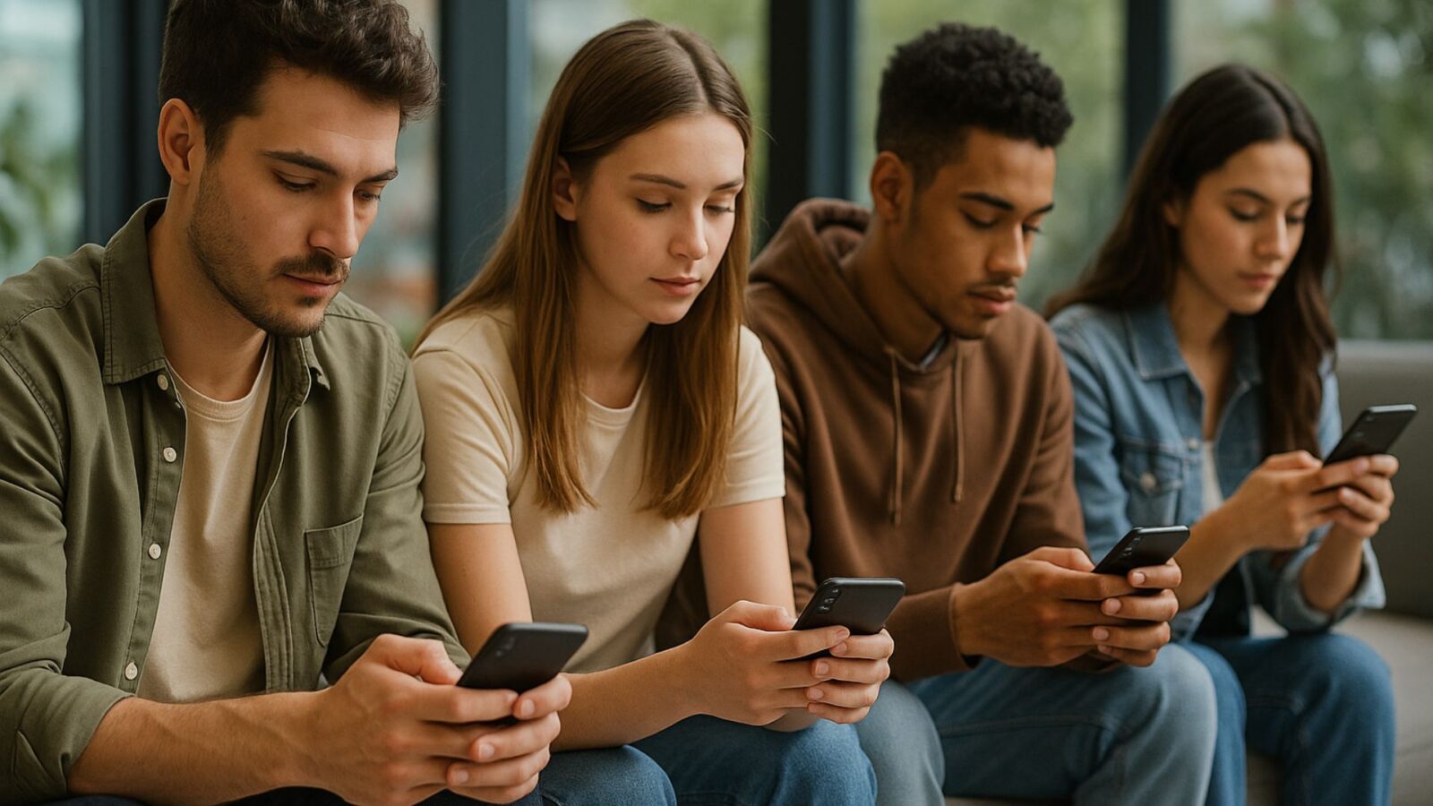 4 jovens vidrados no celular navegando nas redes sociais.