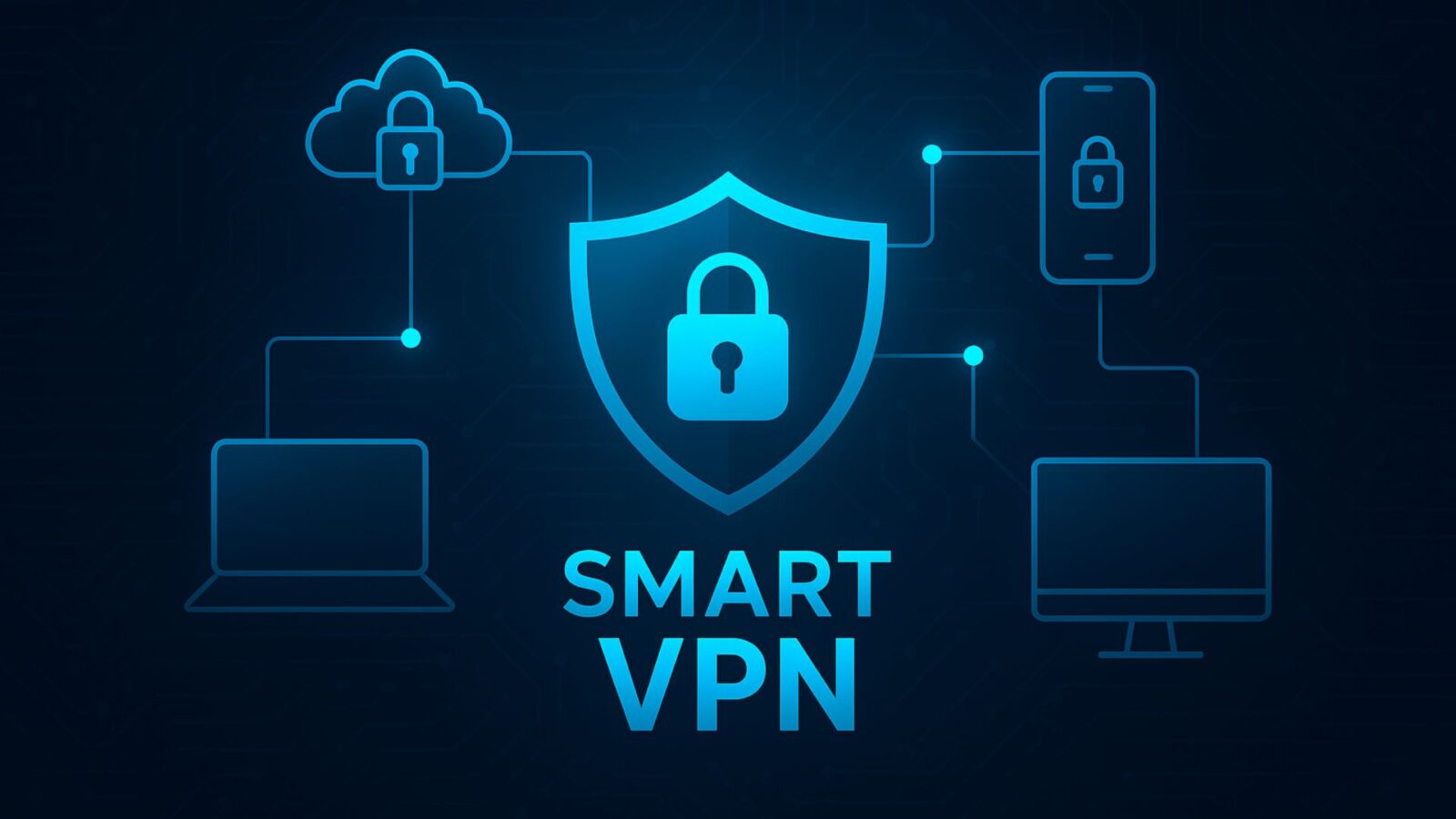 ícone de segurança com cadeado fechado e a palavra VPN smart. Existem outros ícones de computador e nuvem.