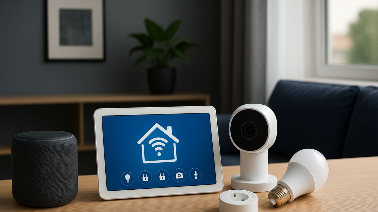 Câmera, lampada inteligente, tomada e tablet com ícone de wi-fi e casa.