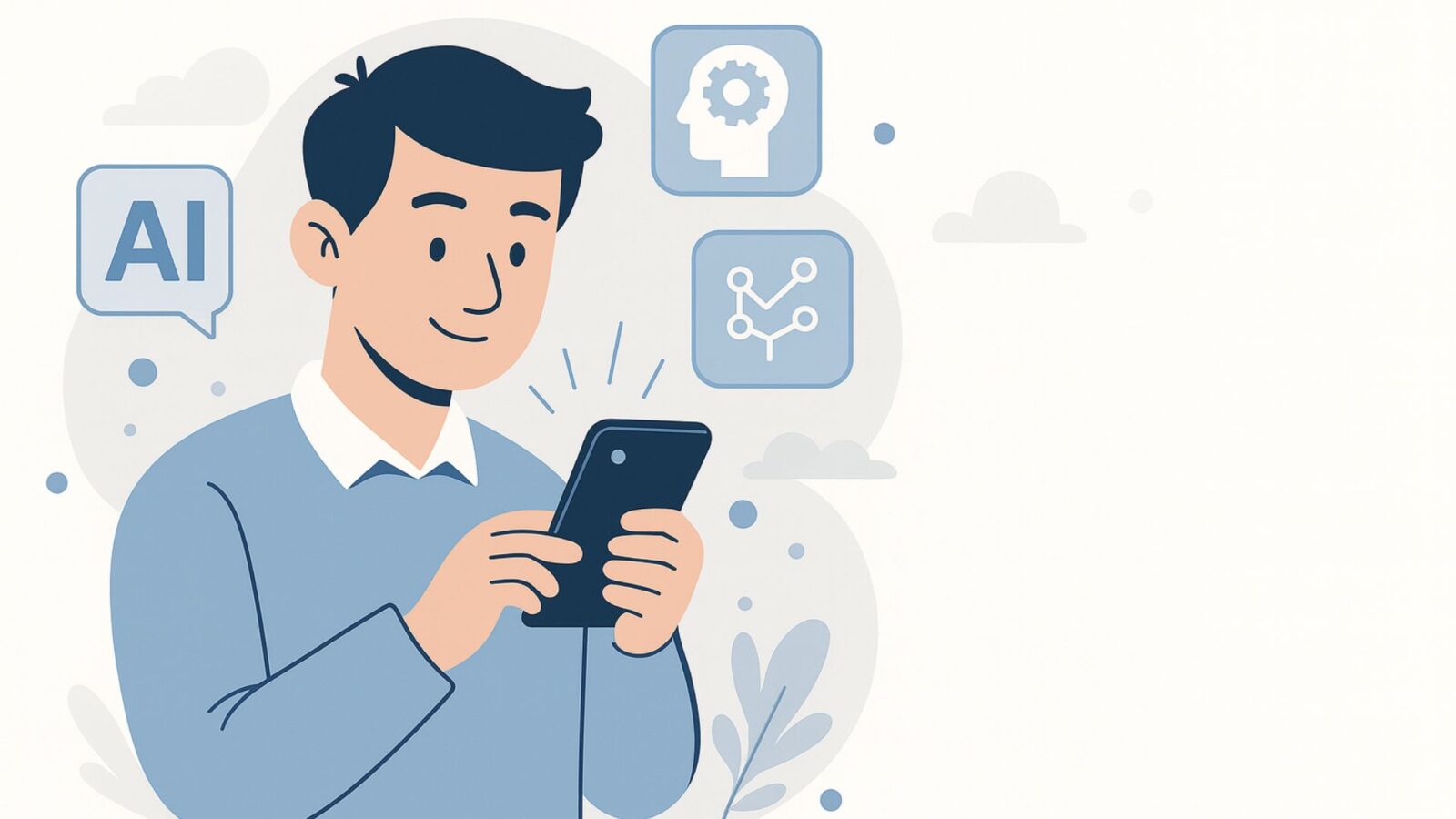 Um joven de casaco azul com celular na mão e elementos gráficos de ias.