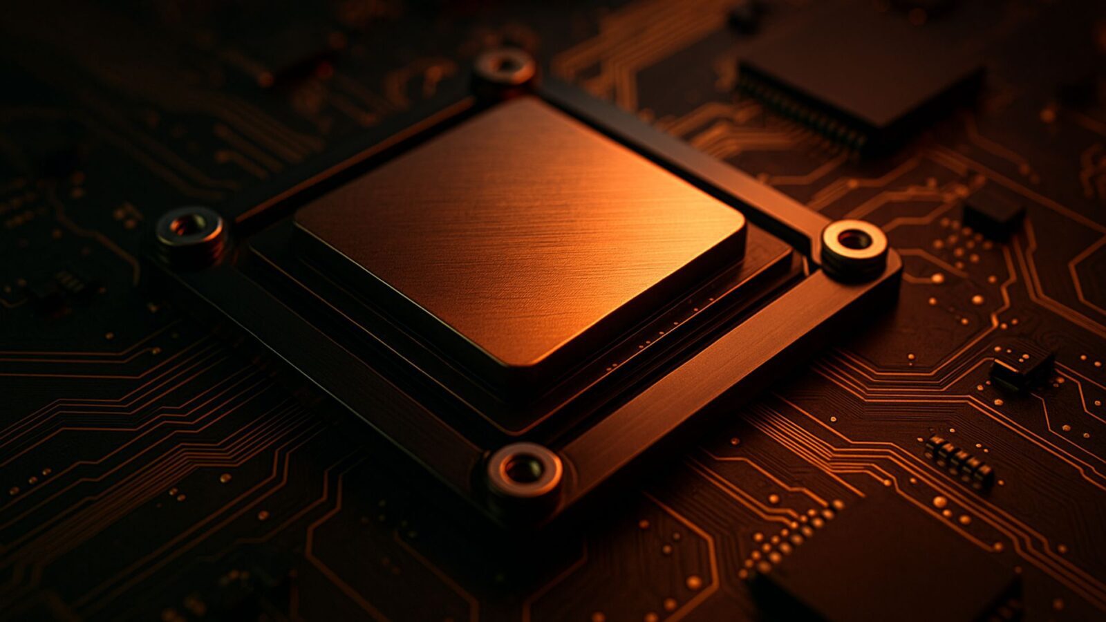 Fotografia realista de uma GPU moderna sobre uma placa-mãe, com iluminação em tons vermelhos e dourados para sugerir o mercado chinês, sem logos ou marcas.