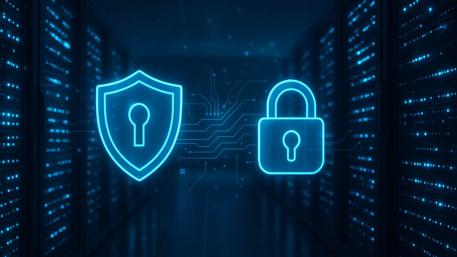 Visual realista de um datacenter moderno iluminado em tons de azul, com hologramas digitais de cadeados e escudos flutuando, representando proteção avançada, sem texto e sem marcas.