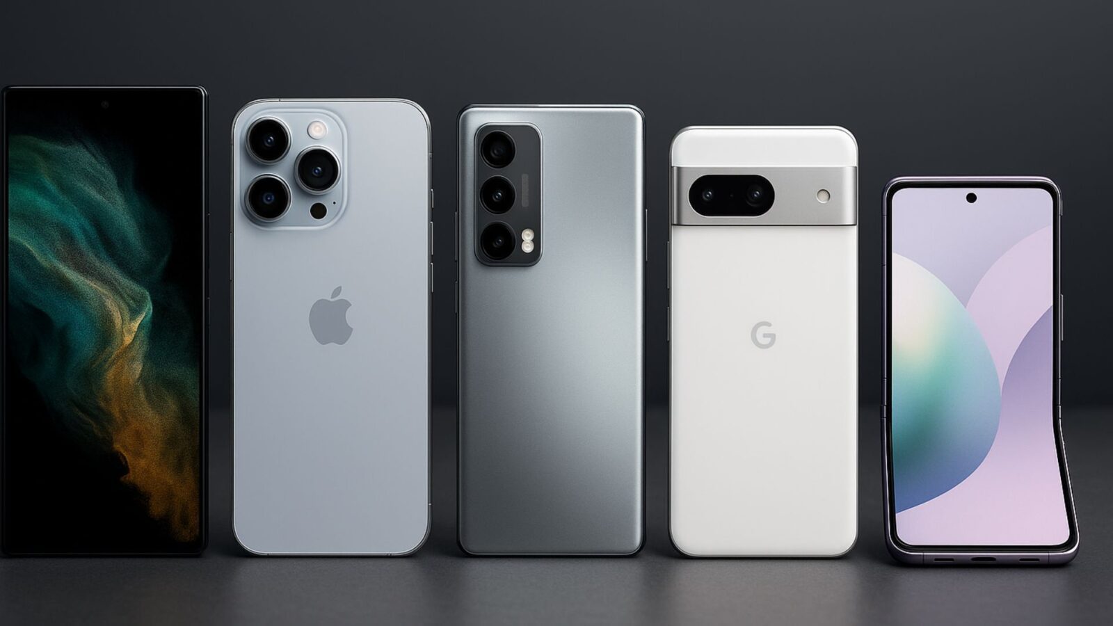 "Cinco smartphones topo de linha lançados em 2025 alinhados lado a lado sobre superfície escura, exibindo design moderno, telas ativas e câmeras distintas."