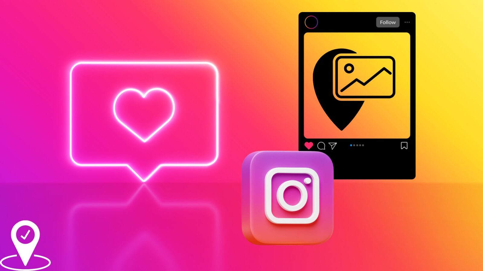 ícone do instagram com um celular com ícone de localização.