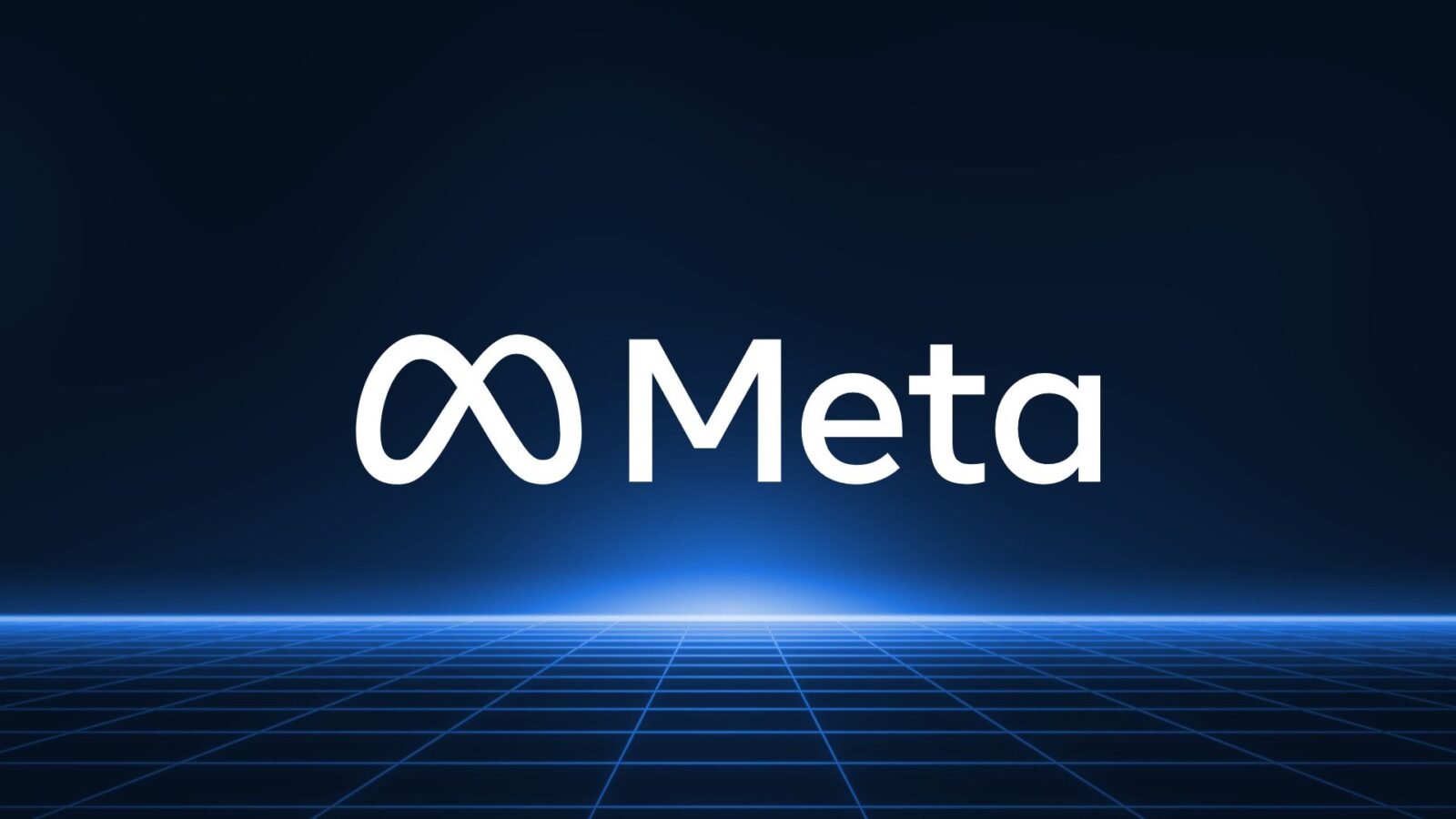 Imagem com a a logo da Meta. O fundo é azul escuro com uma luz azul clara radiando.