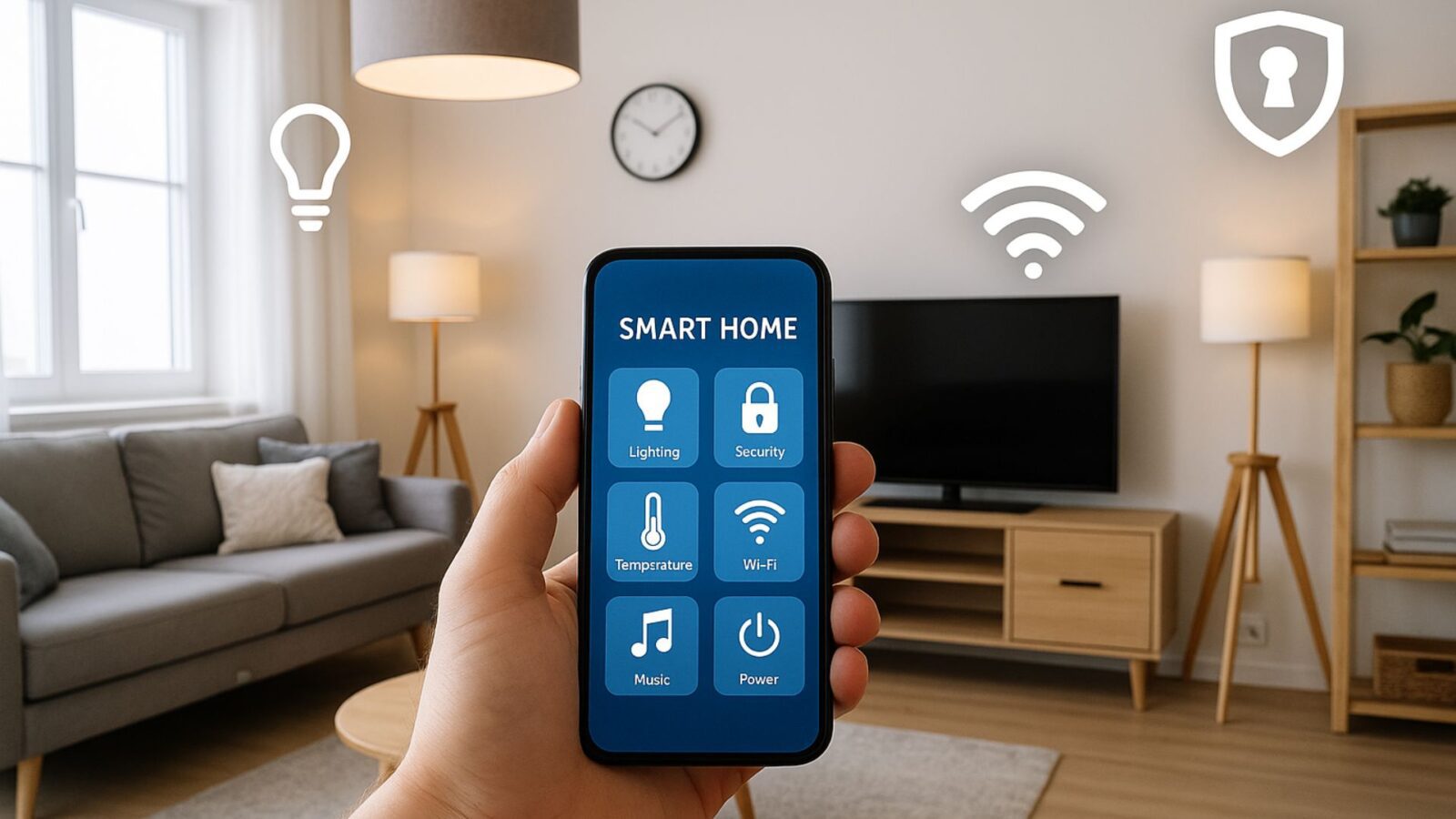 Foto realista de uma sala moderna com iluminação inteligente e dispositivos conectados.