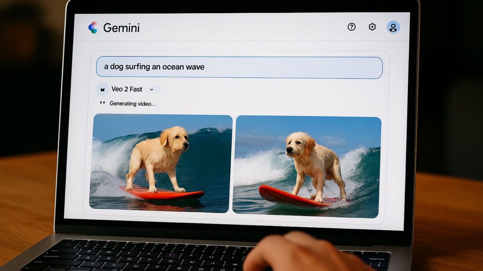 Computador aberto com um vídeo criado pelo gemini, de um cão surfando.