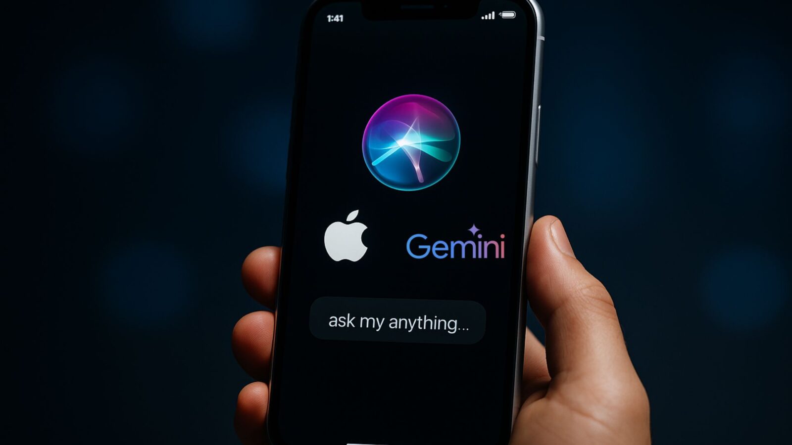 Uma mão segura um celular com os ícones da Siri, Apple e gemini.