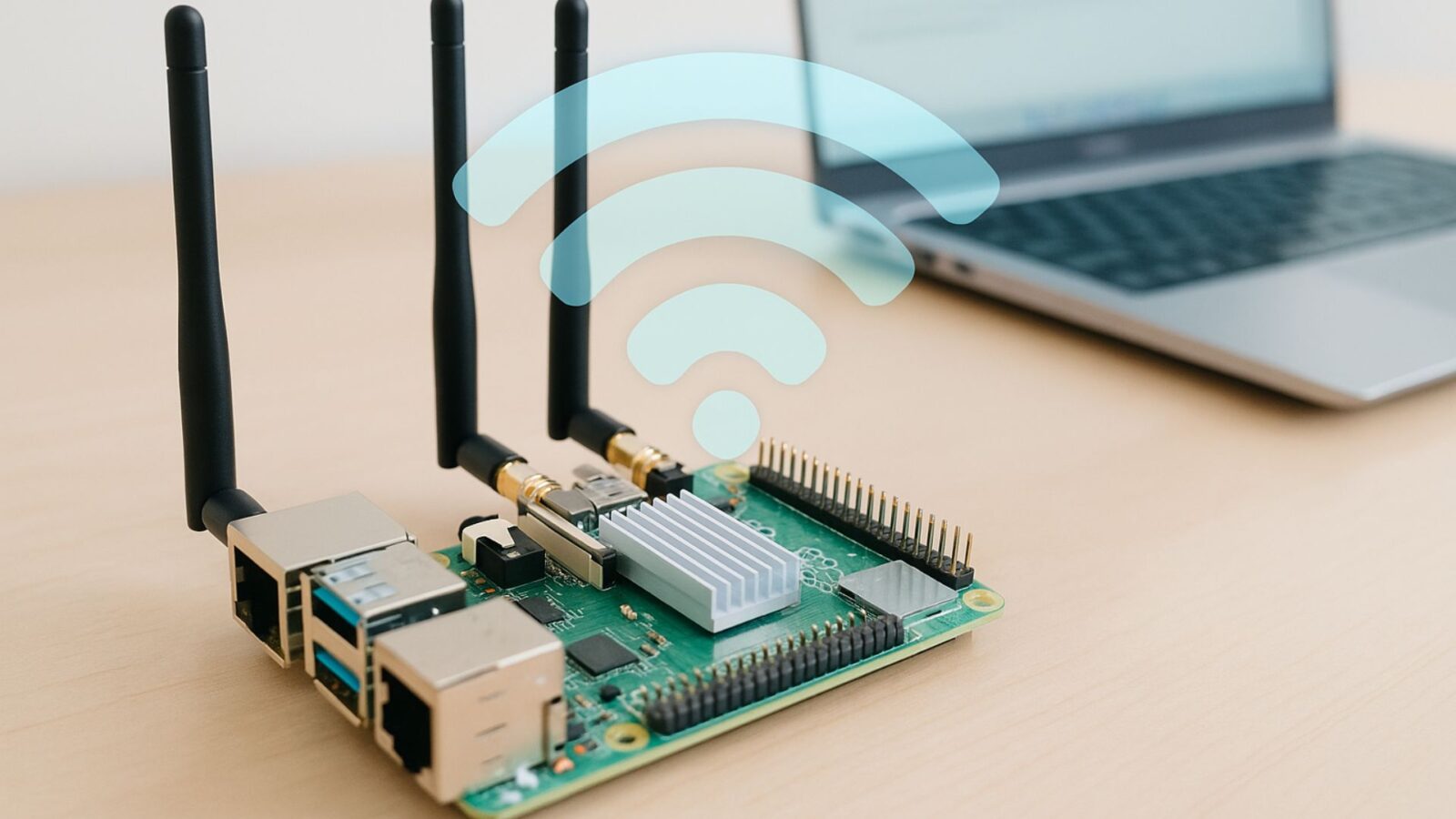 Sinal de wi saindo do xRaspberry Pi 5 em cima da mesa com um notebook ao lado