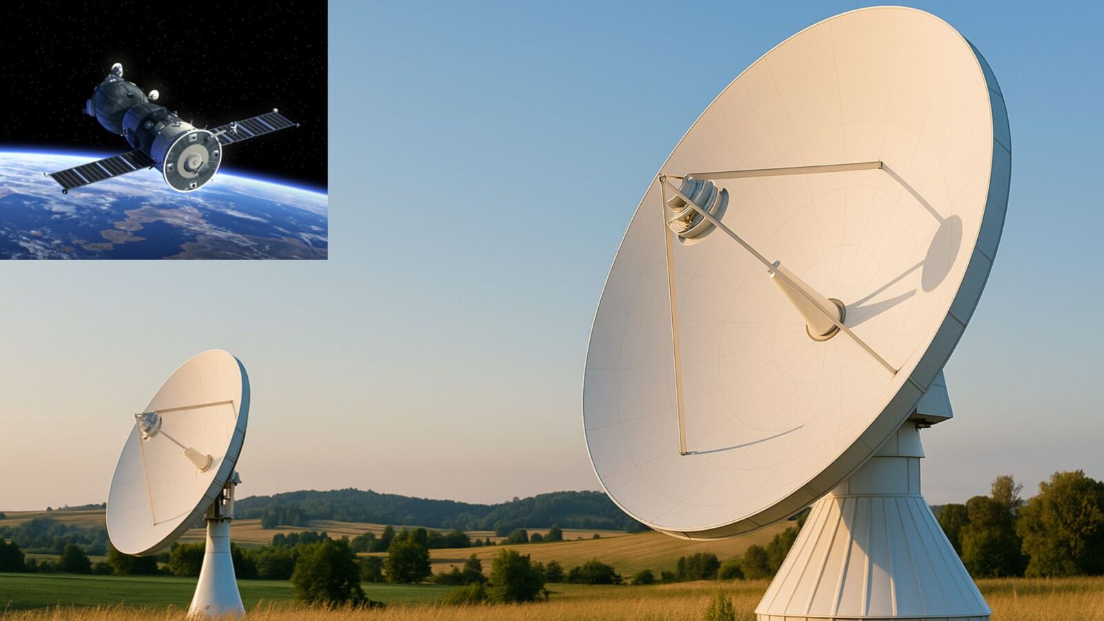Satélite no espaço e duas antenas num campo com mato, representando internet por satélite.
