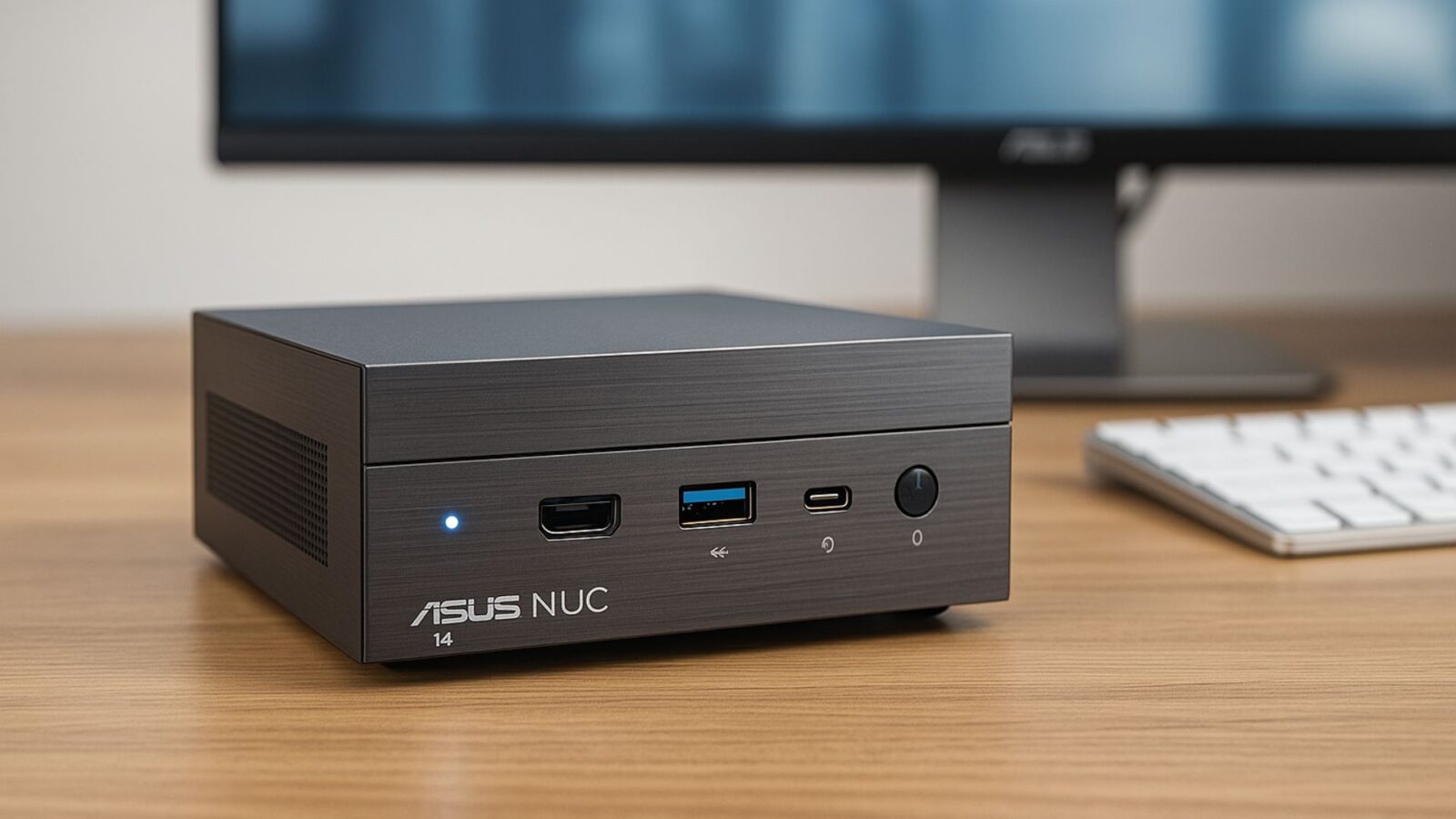 ASUS NUC 14 PRO em cima da mesa ao lado do teclado e monitor.