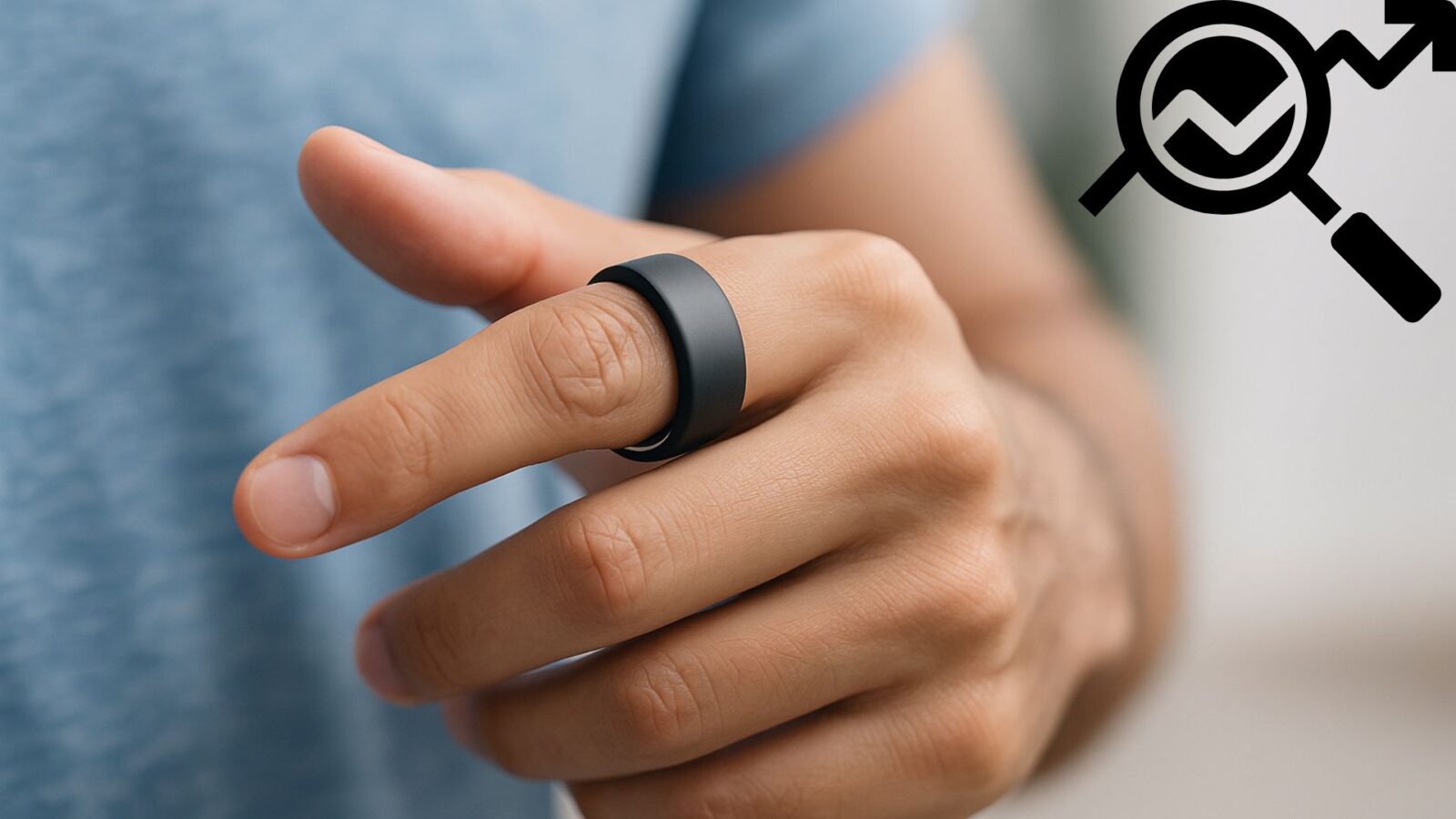 Um homem com o anel de monitoramento IP68. Ao lado, uma lupa com um ícone de monitoramento.