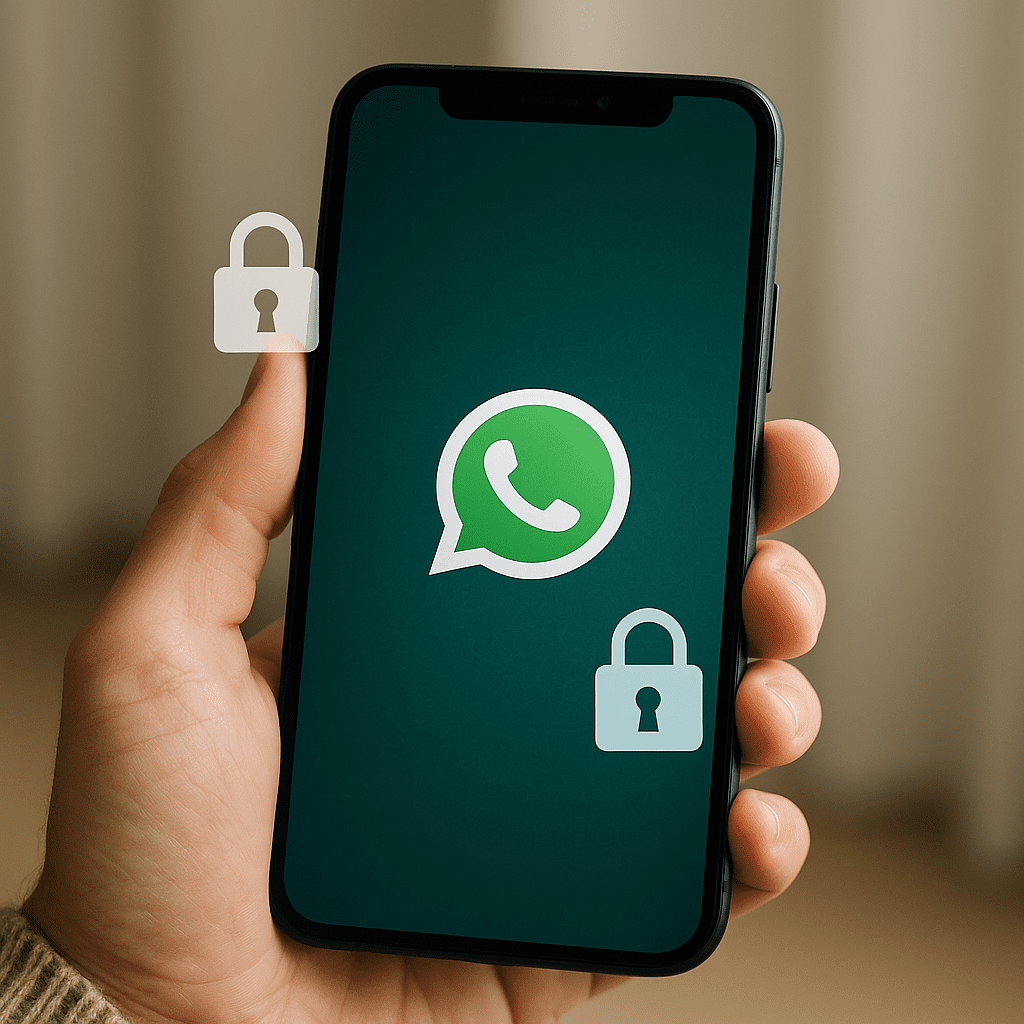 Mão segurando smartphone com o logo do WhatsApp na tela, acompanhado de ícones de cadeado, simbolizando segurança e privacidade em grupos do aplicativo.
